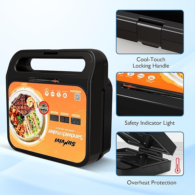Sandwich Maker Panini Press Grill, 3 in 1 Electric Waffle Maker with Removable Non-stick Plates, Glass Top, Cool Touch Handle & Easy to Clean, 1000W