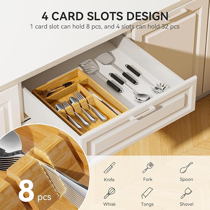Yofidra Bamboo Silverware Organizer, 13.8 x 9.84 x 1.96 Inches Kitchen Utensil Drawer Organizer, Silverware Tray for Drawer with Fixed Slots for Spoons, Forks & Knives, Natural