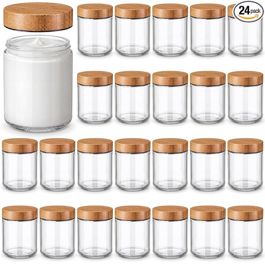 Norme 24 Pcs 8oz Glass Jars with Lids Empty Small Glass Containers and Inner Liners Reusable Cosmetic Jars Round Airtight Bottles with Plastic Wood Grain Lids for Travel