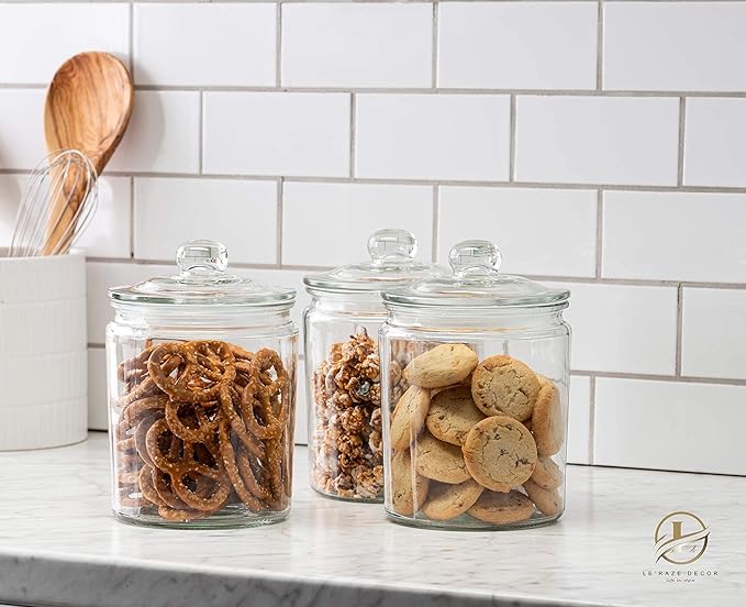 Le’raze 3pc Canister Sets for Kitchen Counter + Labels & Marker - Glass Cookie Jars with Airtight Lids - Food Storage Containers with Lids Airtight for Pantry - Flour, Sugar, Coffee, Christmas gift.