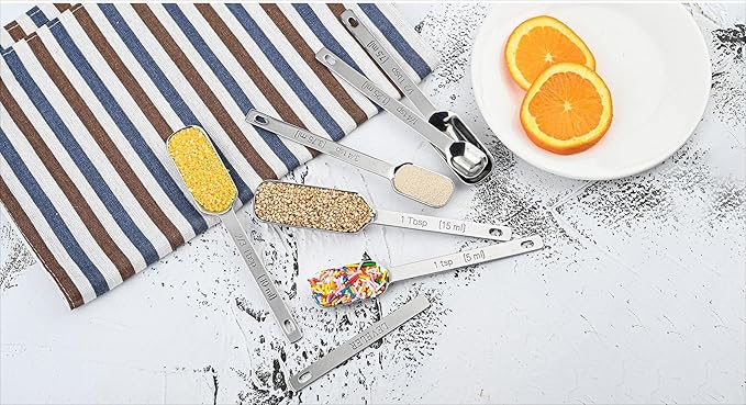 Measuring Spoons Set of 6, 18/8 Stainless Steel Measuring Spoons for Dry & Liquid, Spice Long Handle Tbsp Nesting Measure Spoon for Baking & Kitchen