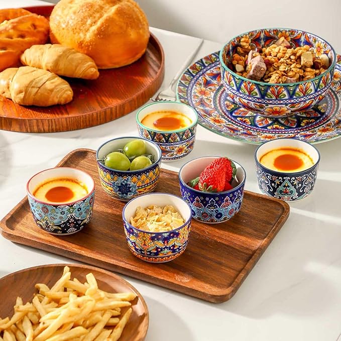 Glowworm Ramekins Oven Safe, 4 Oz Ceramic Creme Brulee Ramekins Set of 6, Souffle Dishes Pudding Custard Cups for Baking, Oven & Dishwasher Safe, Bohemian