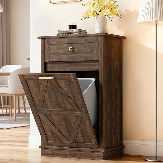 JUMMICO Tilt-Out Trash Can Cabinet, 10 Gallon Laundry Hamper Cabinets with Drawers, for Kitchen, Dining Room and Living Room (Brown, 2 Piece)