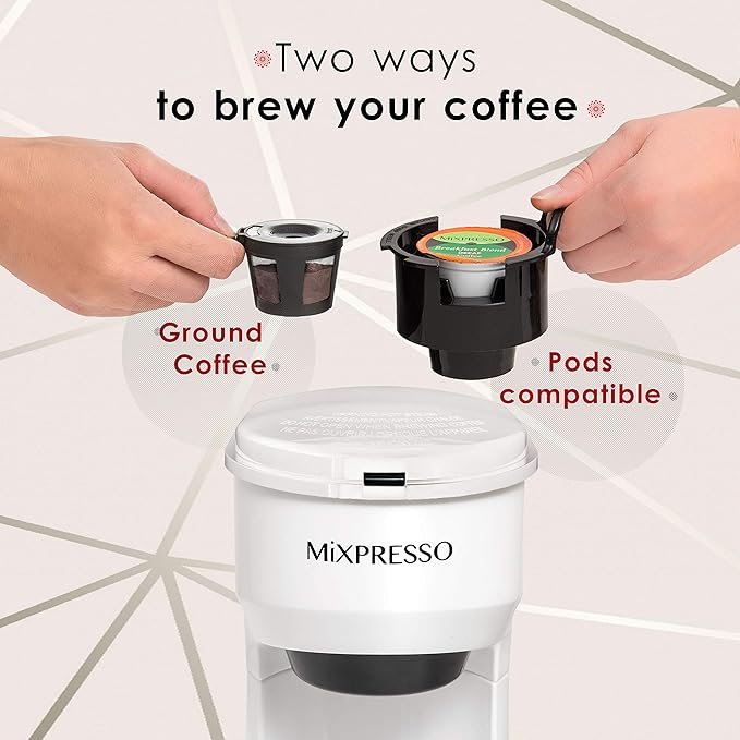 Mixpresso 2-in-1 Single Serve Coffee Maker - K-Cup & Ground Coffee Compatible - Fast 2-3 Min Brewing - Compact 14oz White Coffee Machine for Home Office
