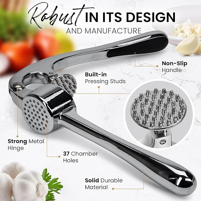 Premium Garlic Press, Garlic Mincer Set of 3 with Silicone Roller Peeler & Cleaning Brush, Extremely Durable Garlic Crusher, Ergonomic Handle, Extracts Most Garlic Paste Per Clove