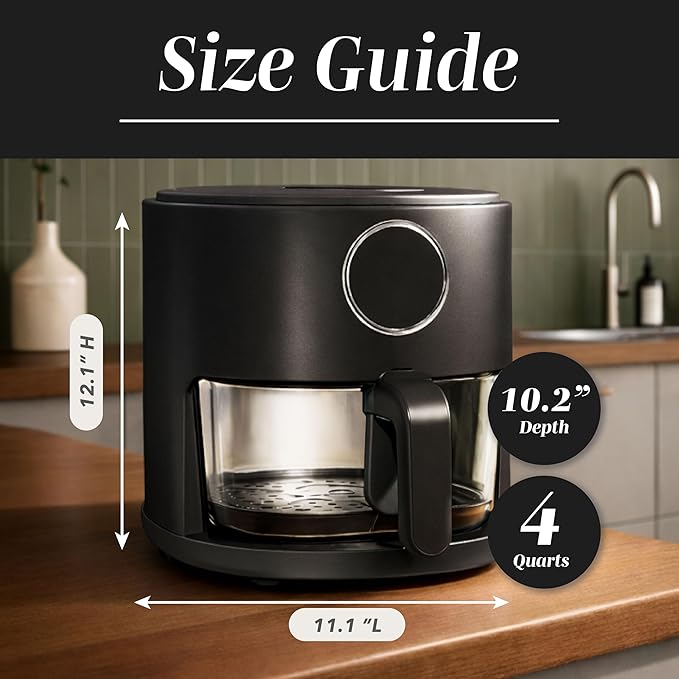COOK WITH COLOR Colorful 1200W 4Qt Air Fryer: Glass Basket, Dishwasher Safe, 60min Timer, 6 Presets, Temp Control 175F-400F, 4 QT, Black