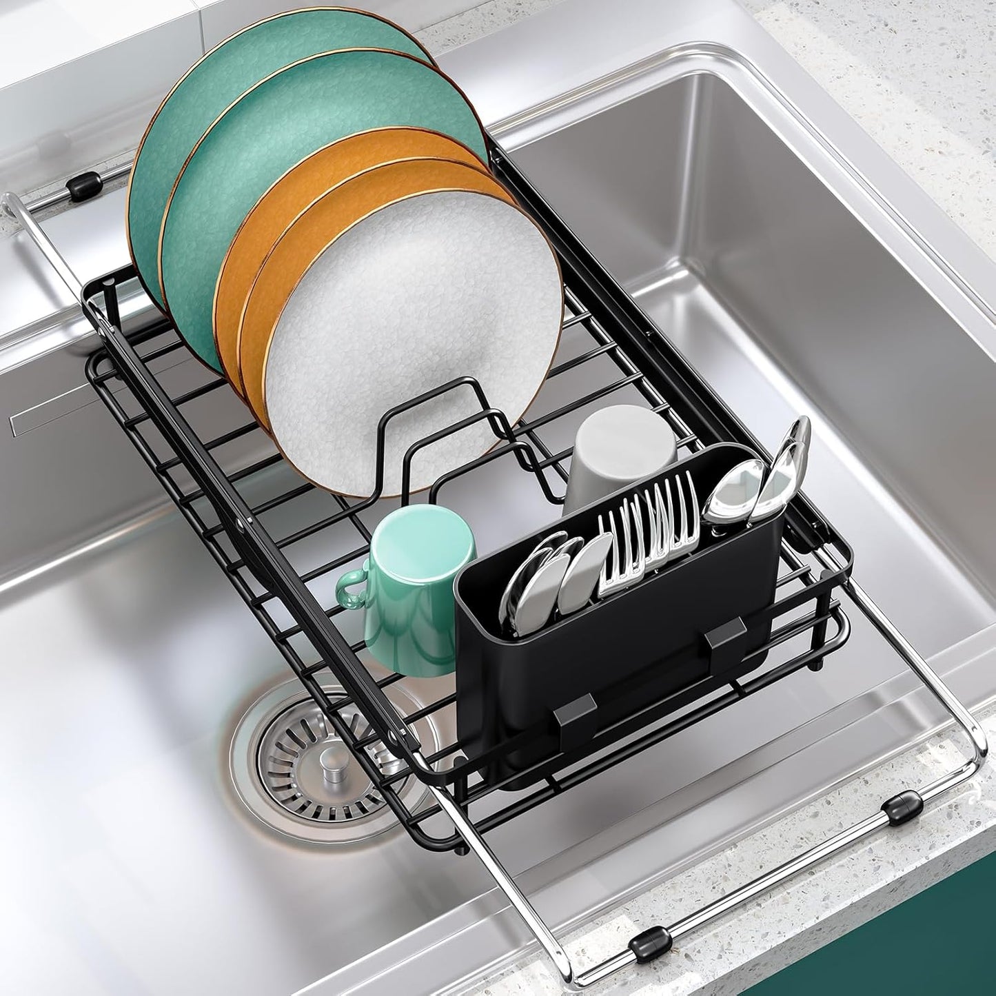 Over the Sink Dish Drying Rack,In Sink Dish Drying Racks,Expandable Dish Rack Over Sink Counter,Adjustable Dish Drainer for Inside Sink with Utensil Holder, Stainless Steel Dish Strainer Compact Size