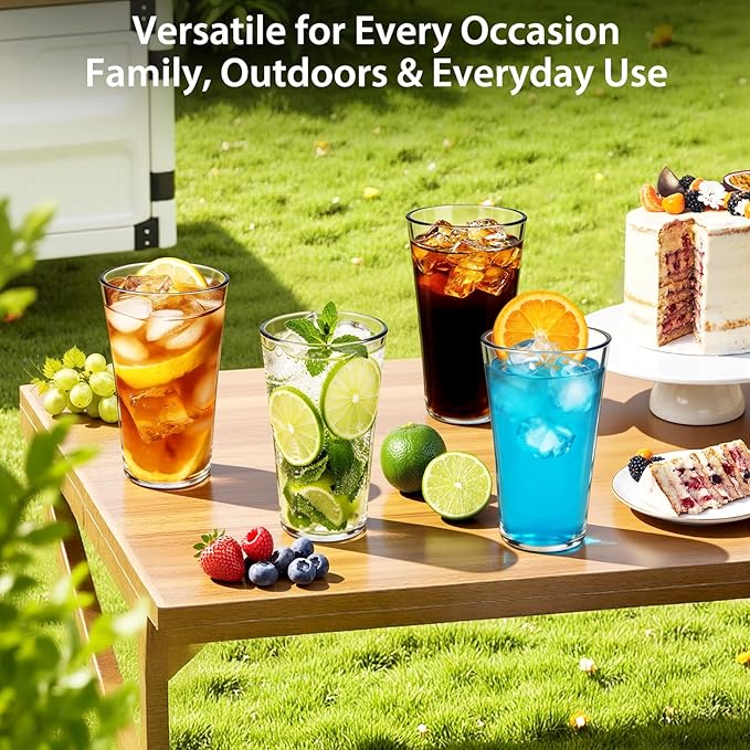 Freshmage 20oz Unbreakable Drinking Glasses (Set of 8), All-Clear Reusable Drinking Cups, BPA-Free, Shatter-Proof, Microwave Safe, Stackable Plastic Tumblers for Home, Outdoor, Camping, Pool
