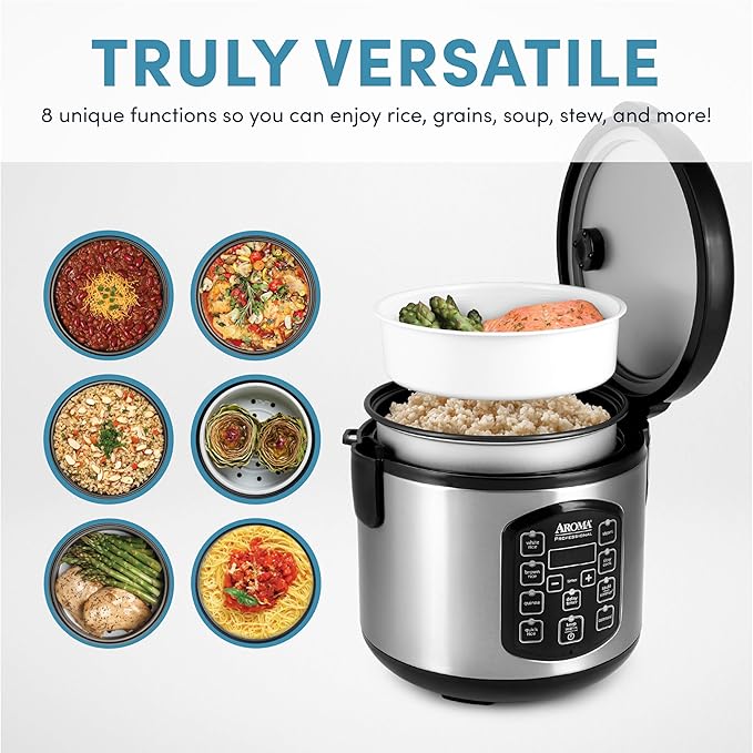 AROMA Professional Digital Rice Cooker, Multicooker, 4-Cup (Uncooked) / 8-Cup (Cooked), Steamer, Slow Cooker, Oatmeal Cooker, STS, Auto Keep Warm, 2 Qt, Stainless Steel Exterior, ARC-954SBD