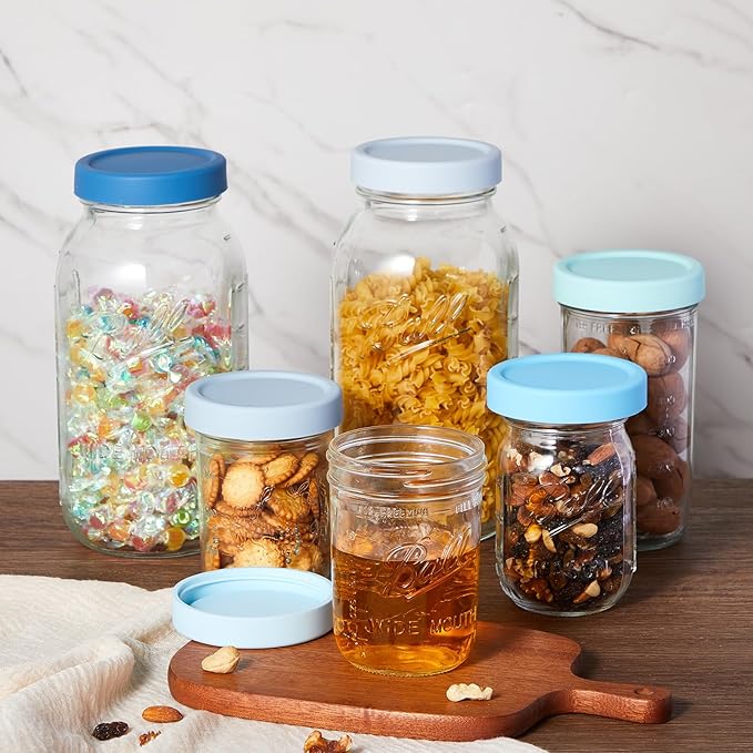 Teenyyou 6 Pcs Silicone Wide Mouth Lids Mason Jar Lids Thickened Leak Proof Lid for 86 mm All Wide Mouth Mason Jars, Reusable Large Canning Jar Caps(Classic Color)