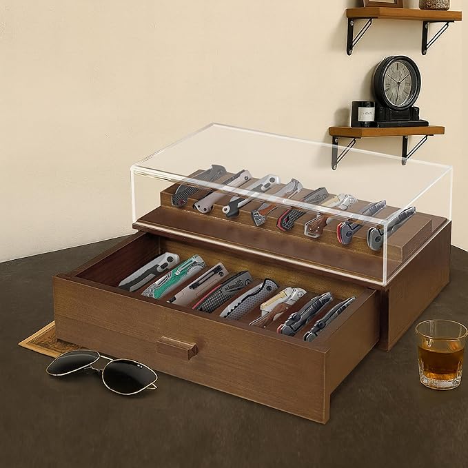 Knife Display Case,2 Tier Wooden Pocket Knife Collection Case with Acrylic Lid, Pocket Knife Storage Drawer Organizer, Walnut