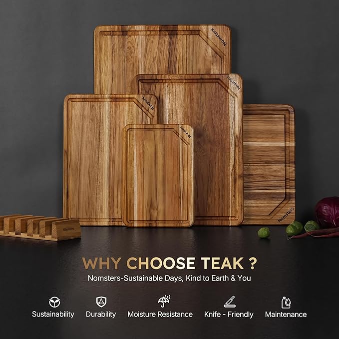 5 Pack Teak Wood Cutting Board Set with Holder Non Slip Over Sink Wooden Chopping Board for Fresh Meat Vegetable Thick Haus Perfect for Charcuterie Juice Groove Bread Boards for Kitchen