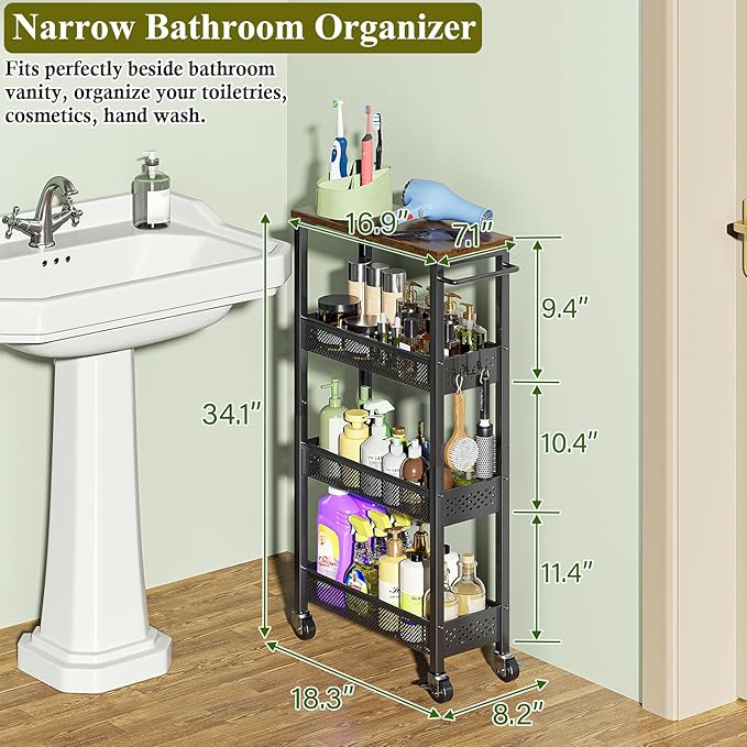 OKZEST Utility Slim Storage Cart, 4 Tier Small Rolling Kitchen Laundry Room Cart with Wood Top, Metal Narrow Bathroom Storage Cabinet Mobile Shelf Unit Organizer Trolley with Handle for Narrow Space