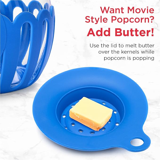 Ecolution Patented Micro-Pop Microwave Popcorn Popper with Temperature Safe Glass, 3-in-1 Lid Measures Kernels and Melts Butter, Made Without BPA, Dishwasher Safe, 1.5-Quart, Blue
