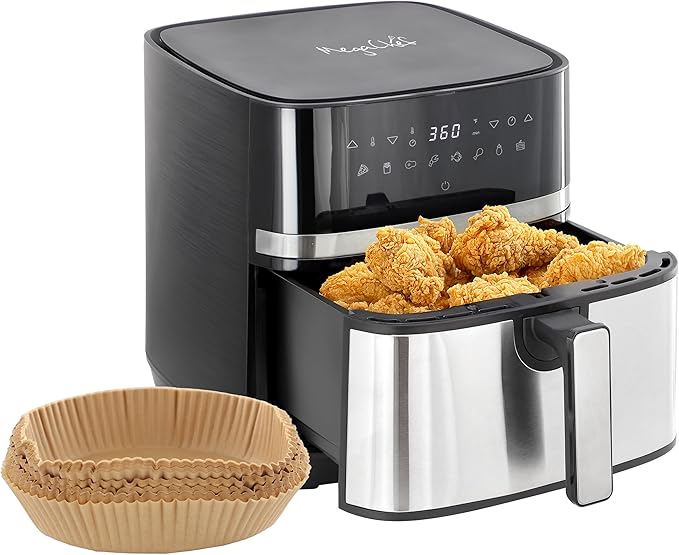 MegaChef 8.5 Quart Bundle Electric Air Fryer in Black and Stainless Steel with 125 Piece Paper Liners