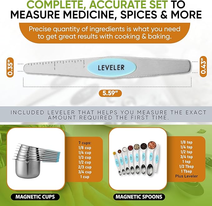 Spring Chef Premium Swivel Vegetable Peeler & Magnetic Measuring Cups & Spoons, Set of 15 with Leveler - 2 Product Bundle - Aqua Sky