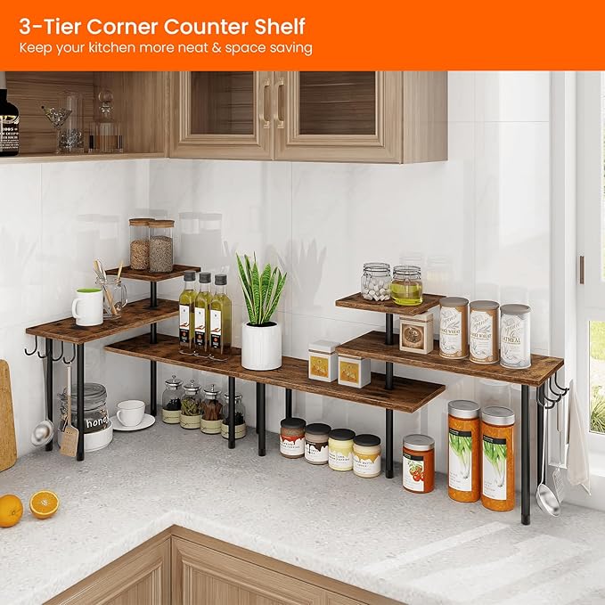 Homode Kitchen Countertop Organizer - 3 Tier Corner Shelf, Bathroom Counter Organizer, Spice Rack, Coffee Bar, Over Sink, Rustic Brown