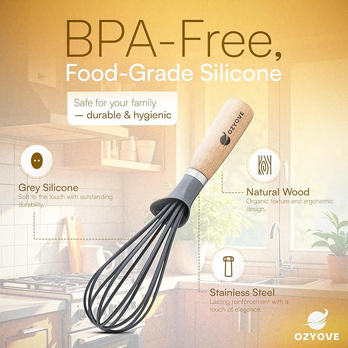 Modern Kitchen Whisk with Wooden Handle, Gray Silicone Wires, Professional Balloon Style for Mixing, Blending, Cooking, Utensil for Whisking Beating Frothing