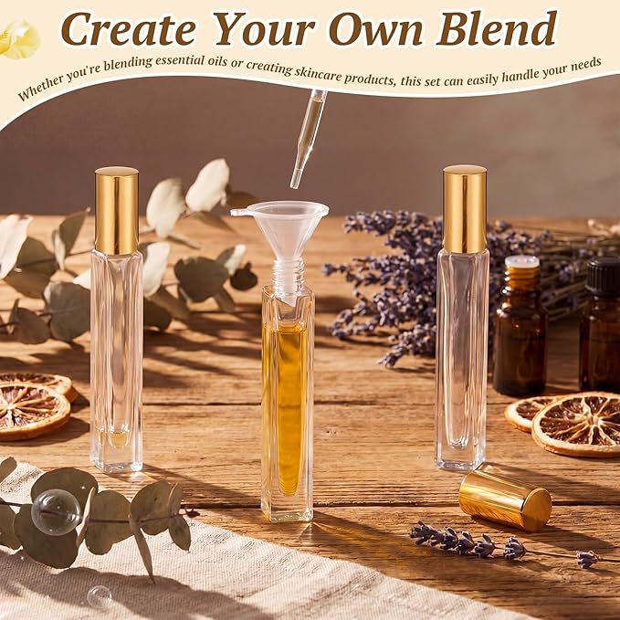 Domensi 30 Pack 10ml/0.34oz Glass Essential Oil Roller Bottles with Gold Quartz Roller Ball, Refillable Leak-proof Travel Perfume Roll on Bottles for DIY Aromatherapy, Skincare & Samples