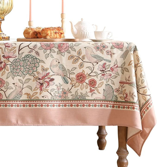 patdrea Designer Pink Linen Table Cloth for Rectangle Table,Vintage Floral with Birds Pattern Decorative Tablcloth,French Table Cover for Kitchen Dining,Thanksgiving,Christmas,63"x87"-Kulom a