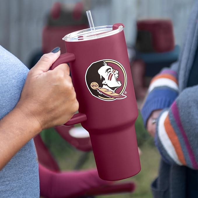 Logo Brands NCAA 40 oz Tumbler with Handle -Stainless Steel Insulated Travel Tumbler with Straw Lid – Powder Coated, Leak-Resistant, Keeps Drinks Hot/Cold – Great for Tailgating, or Everyday Use