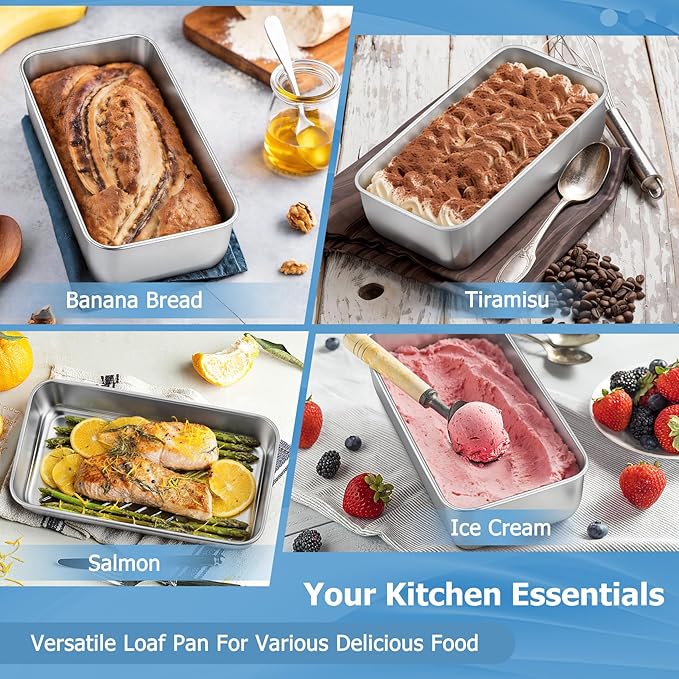 TeamFar Loaf Pan, 9¼" × 5" Bread Loaf Pans Meatloaf Pan Stainless Steel for Baking Bread Cake Lasagna, Healthy & Durable, Oven & Dishwasher Safe - Set of 4