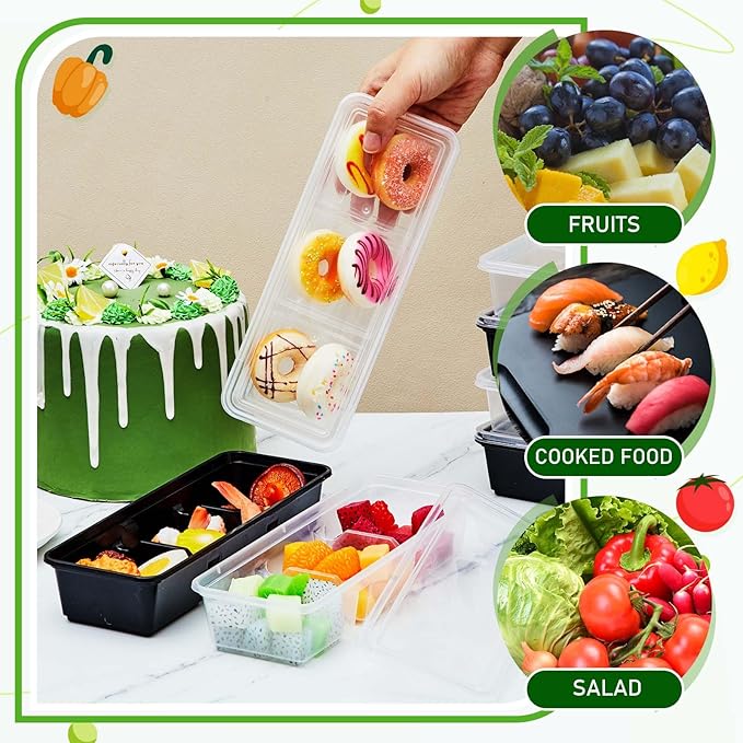 Hushee 25 Pack 17 oz Small Meal Prep Containers with 3 Compartments Snack Containers with Lid Disposable Plastic Bento Box Travel Lunch Food Boxes Stackable for Office Picnic (Black,Clear)