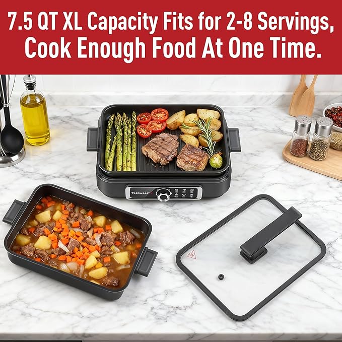 Slow Cooker, Techwood 1500W Electric Skillet 7.5-Quart Extra-large Capacity Multi-Cooker with 5-Level Heat Settings, Come with Non-stick Skillet Pan & Cooking Pot, Dishwasher Safe, Black