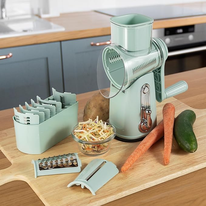 5 in1 Rotary Cheese Grater with Handle, Rotary Grater, Vegetable Slicer, Shredder, Carrot Grater, Nut Grinder, and Chocolate Shaver (Light Green)