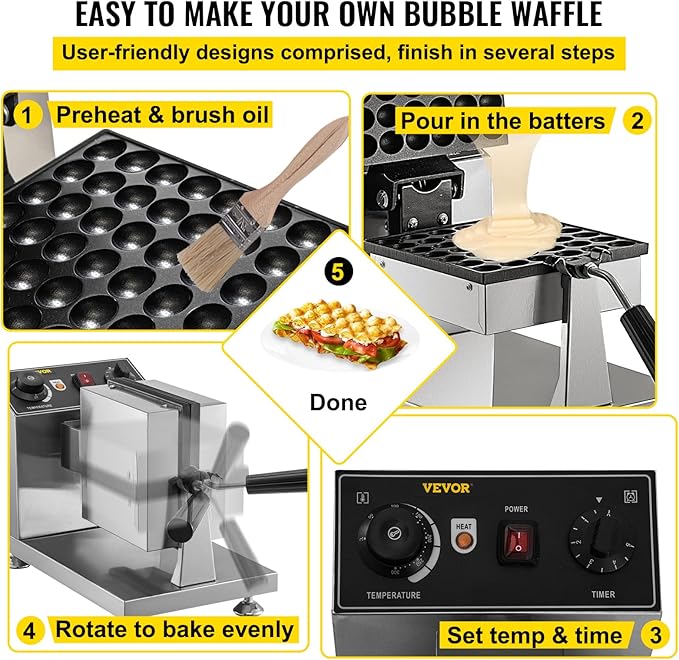 VEVOR Commercial Bubble Waffle Maker, 8" Square Mould, 1200W Egg Bubble Puff Iron w/ 360°Rotatable 2 Pans & Bent Handles, Stainless Steel Baker w/Non-Stick Teflon Coating, 50-300℃/122-572℉ Adjustable