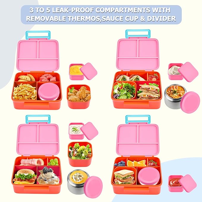 Bento Lunch Box for Kids with 8oz Soup Thermo, Leak-proof Lunch Food Containers with 5 Compartment, Insulated Lunch Bag & 17oz Stainless Steel Water Bottle for School, Trvael