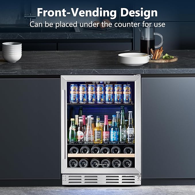 Beverage Fridge 24 Inch Beverage and Wine Cooler Built-in or Freestanding - 120 Cans & 16 Bottles Capacity Wine Refrigerator Cooler