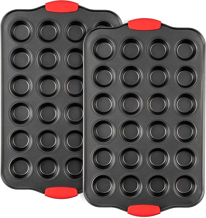 Tiawudi Mini Muffin Pan, 24 Cavity Cupcake Pan, Nonstick Baking Pan, Heavy Duty Small Muffin Tin with Silicone Grip Handles, Set of 2