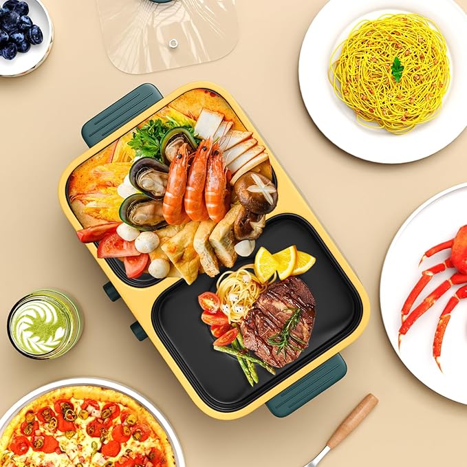 2-in-1 Electric Hot Pot and Grill Combo,1000W Dual Temper Control, Fast Heating - Indoor Cooking Appliance for BBQ, Steaks, Noodles & More - Suitable for Up to 3 People (Green T)