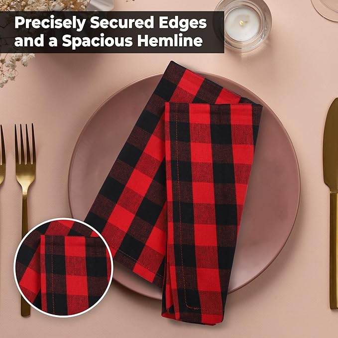 Urban Villa Cotton Dinner Napkins Set of 12, 20x20 Inche Soft Premium Cotton Napkins, Hotel Quality Highly Absorbent, Reusable & Washable Mitered Corner Table DinnerNapkins - (Red/Black, Checks)