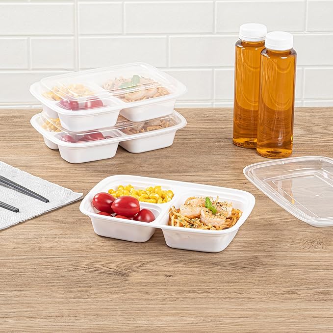 Restaurantware Asporto 26 Ounce Compartment Take Out Boxes, 100 Microwavable Meal Prep Containers - 3 Compartments, With Clear Plastic Lids, White Plastic Food Containers, Do Not Contain BPA