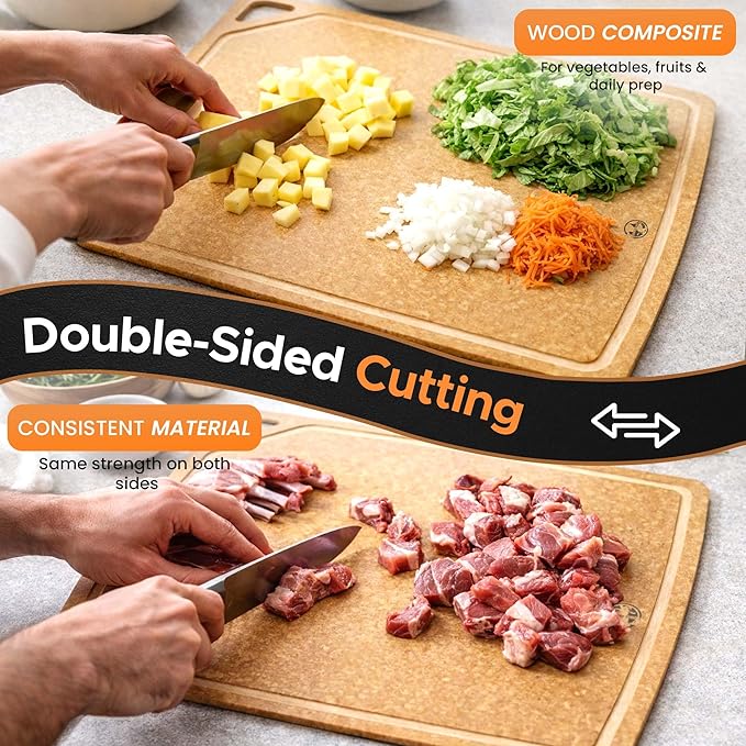 Composite Wood Cutting Board Set of 3 – Dishwasher Safe, Non-Toxic & Plastic-Free Cutting Boards for Kitchen – Large, Medium & Small Non-Slip Wood Charcuterie & Chopping Boards (Tan/Juice)