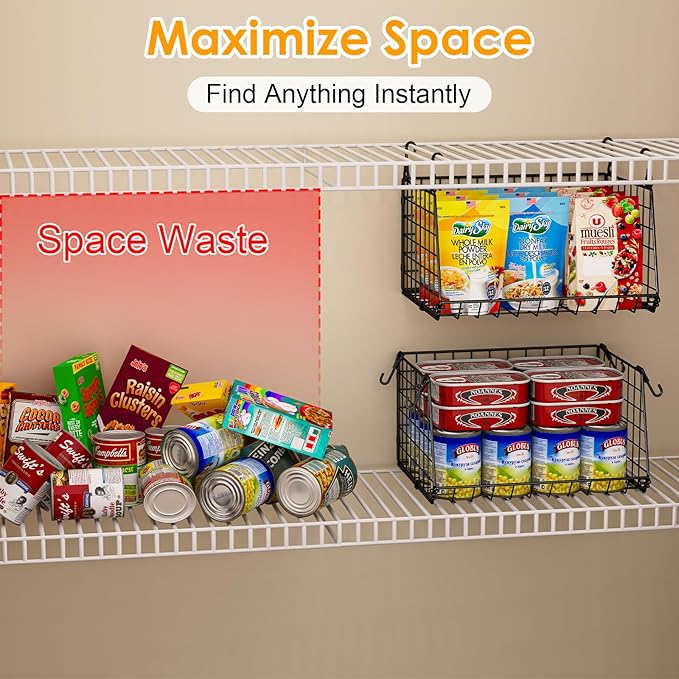 Jsskeeim 3-Pack Under Shelf Hanging Baskets - Space Saving Pantry Shelf Organizer with 360° Rotating Hooks for Kitchen Storage, Foldable Small Space Solutions for Pantry Utility Closet Garage, Black