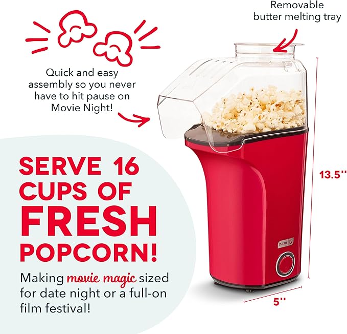 DASH Fresh Pop Popcorn Maker - Oil-Free, Air Popcorn Popper - With Measuring Cup & Recipe Guide - Perfect for Movie Nights - 16 Cups, Red