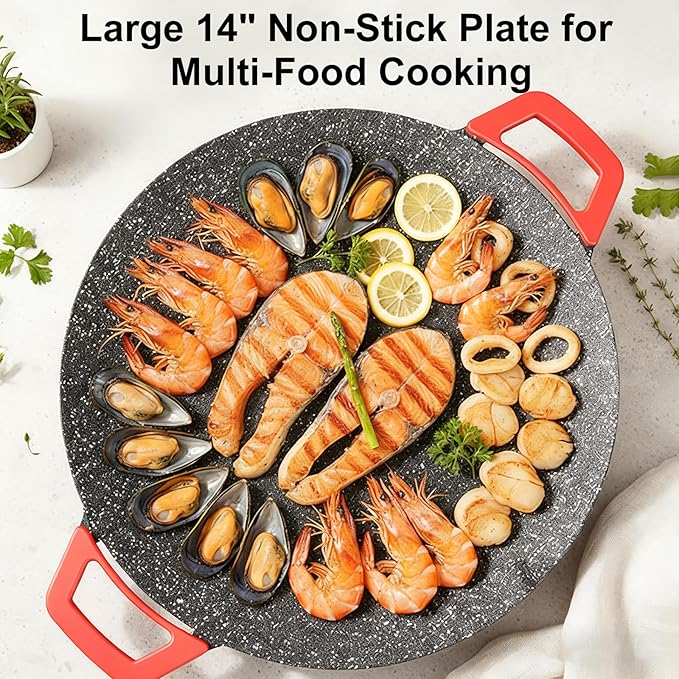 Electric Indoor Grill Nonstick Smokeless, 14 Inch Round Griddle with Temperature Control, Includes Oil Brush & Food Tongs for Kitchen, BBQ, Pan Searing Steak, Pancakes