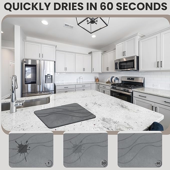 Stone Dish Drying Mat For Kitchen Counter With Diatomite Sink Tray Set - Quick Dry, Fast Water Abosrbing, Diatomaceous Earth - Multi-Purpose Stone Drying Mat For Dishes, Cups, Bottles - (15" x 15")