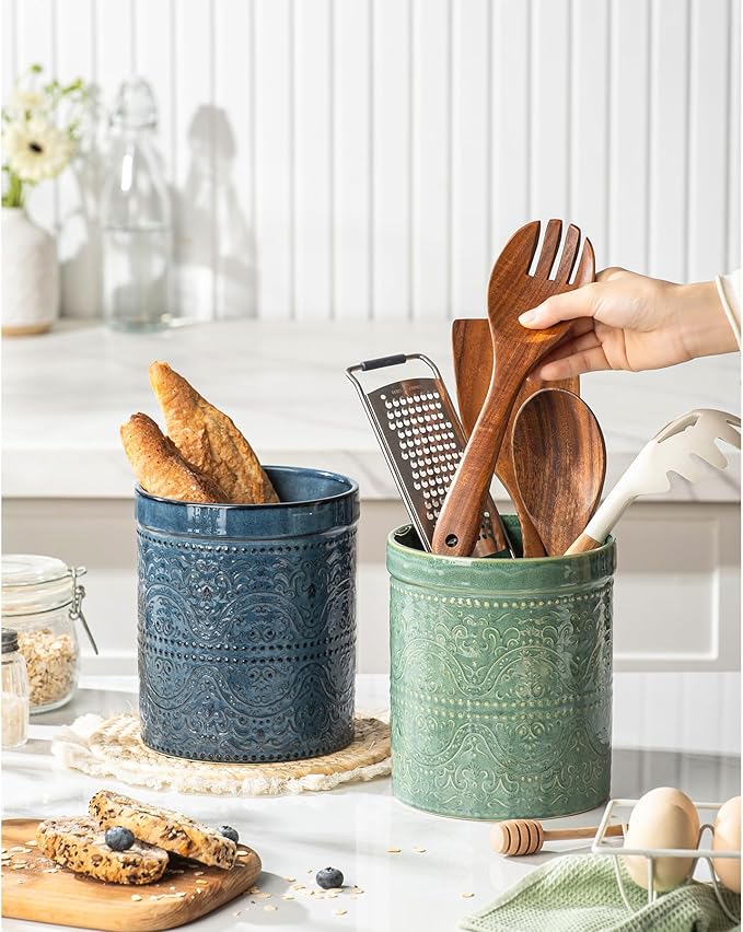 Kitchen Utensil Holder, 7 Inches Large Ceramic Utensil Holder for Countertop, Lace Emboss Cooking Utensil Crocks for Kitchen, Home Decor, Reactive Blue