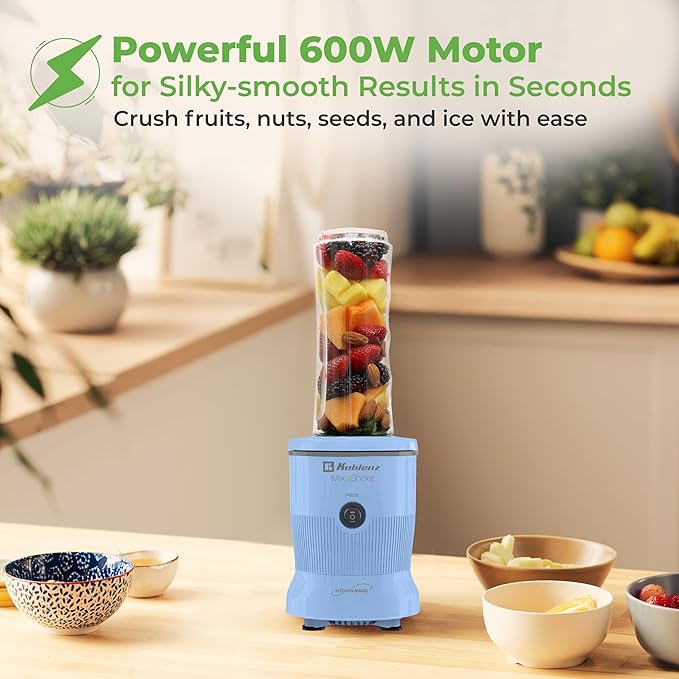 Mix&Shake Blender, 20 oz Portable Blender, 600W Motor, Pulse, ON/OFF Functions, Stainless Steel Blades, Shakes, Sauces, Smoothie Maker, (1) 20 oz To-Go Bottle, Blue, MSKM-600 A