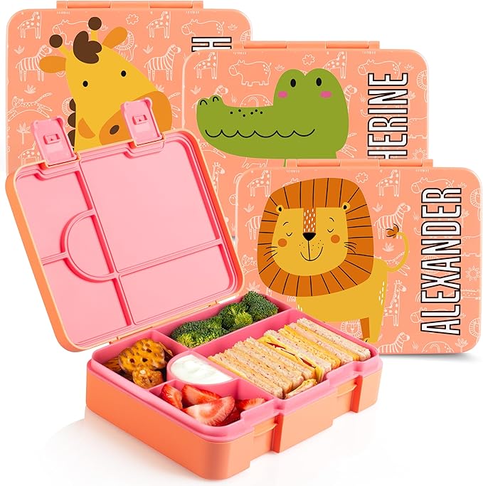 Personalized Bento Box for Kids with Safari Icon and Name - Salmon - 5 Compartments Drop-Proof Bento Box, Dishwasher Safe, Made with BPA-Free Materials, Bento Lunch Box for Kids and Toddlers