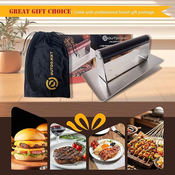 Stainless Steel 9X4.2“ Smash Burger Press,1.9lb Heavy Duty Burger Smasher with Wooden Handle and Velvet Storage Bag for Griddle,Grill Press for Hamburger, Bacon,Steak, Barbecue Grilling Tool