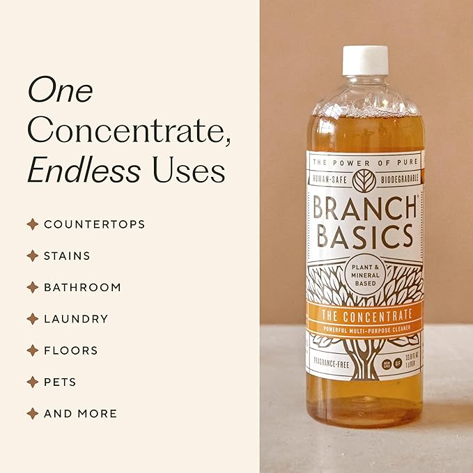 Branch Basics Cleaning Essentials Kit: All Purpose, Glass and Bathroom Cleaner - Concentrate (33.8 Oz) (24 Refills) + Refillable Glass Spray Bottles (16 Oz) Plant Based, Human-Safe, & Fragrance Free