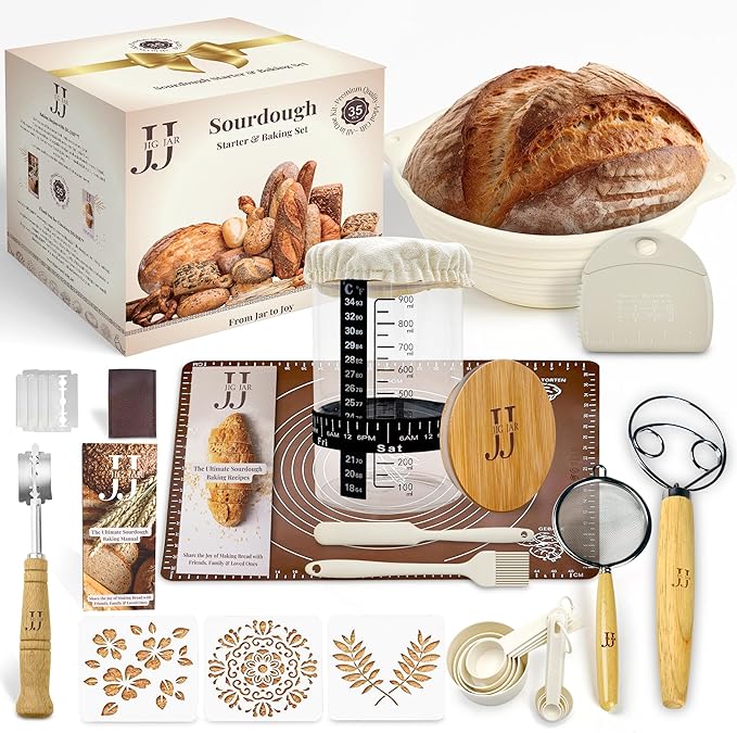 35-Piece Sourdough Baking Kit – Artisan Bread Baking Set for Beginners & Home Bakers, Includes Glass Starter Jar, Proofing Basket, Bread Lame & Tools