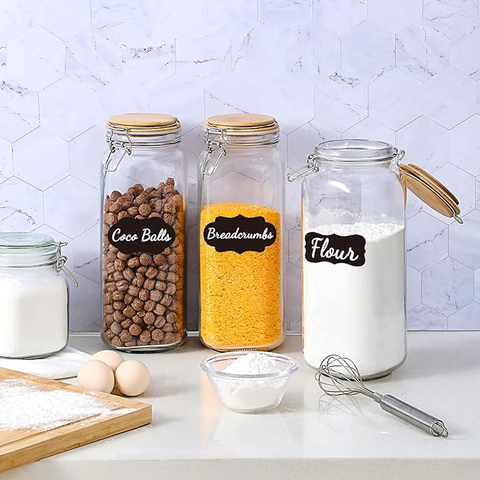 VITEVER [ Taller ] 92oz Glass Jars with Airtight Lid, Large Glass Food Storage Jars, 3 Pack Wide Mouth Airtight Glass Jars for Kitchen Pantry Spaghetti, Square Mason Jars with Labels