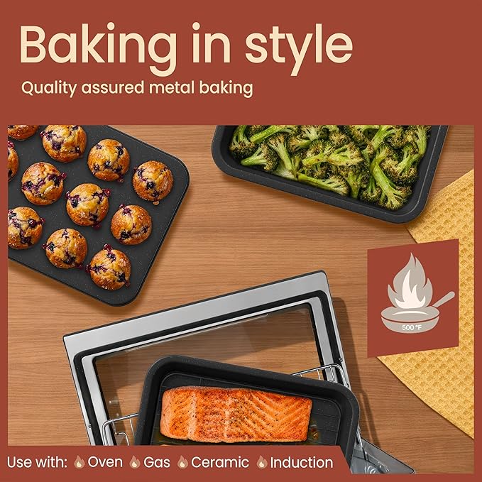 Bakken 4-Piece Bakeware Sets, Nonstick Carbon Steel Baking Sheet, Stackable Space-Saving Bakeware, Dishwasher Safe, Stain-resistant, PFOA, PFOS, & PTFE Free, Oven Safe Up To 450°F, Gray Marble