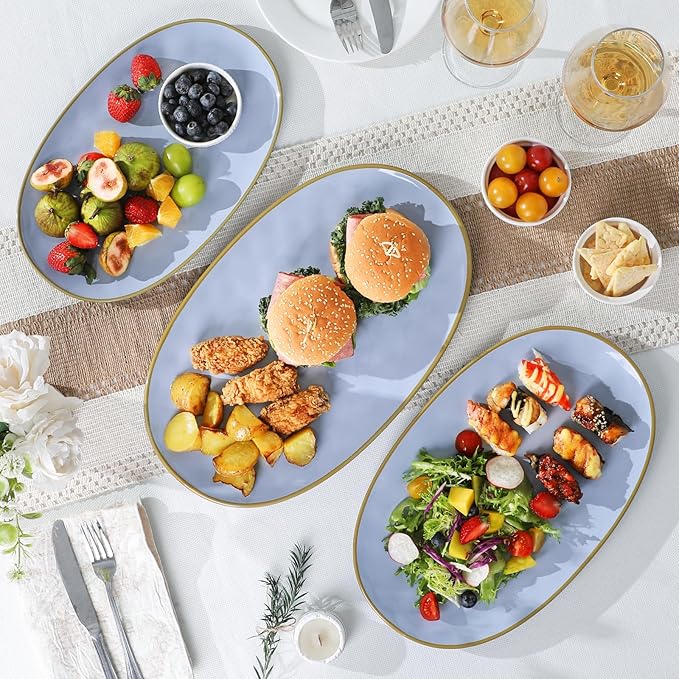 Ceramic Oval Serving Platter: 15.6/14.3/12.9 Inch Large Serving Dishes for Entertaining Party, Turkey, Steak, Ham, Microwave Dishwasher Safe, Blue